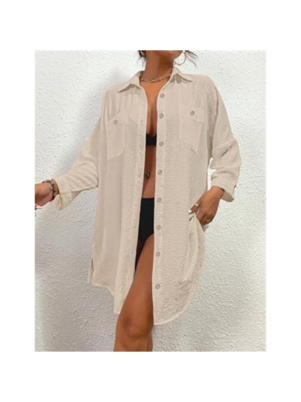 Women's Modern Swimsuit Cover Up Blouse Button Down Shirt Dress Top - Picture 4 of 6